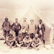Expedition members at base camp in April or May 1924. Standing, left to right, are: Andrew Irvine, George Mallory, Edward Norton, Noel Odell and David Macdonald.Seated, left to right, are: Edward Shebbeare, Geoff Bruce, Howard Somervell and Bentley