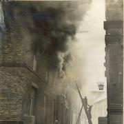 A dramatic picture, taken by a photographer with The Northern Echo, showing Peases Mill on fire on July 2, 1933, with Darlington library worryingly close on the right hand side. This back lane is still behind the library although the mill site down to