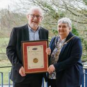 Cllr Joan Nicholson, chairwoman of Durham County Council, presents Gavin Bestford with his award