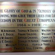 IN MEMORY: The plaque at St Herbert’s Church, Yarm Road, Darlington, carrying the names of 15 men from Darlington who died in the First World War