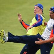 England's Gary Ballance (left) and Alastair Cook (right) play football during the nets session ahead of the First Investec Ashes Test at the SWALEC Stadium, Cardiff. PRESS ASSOCIATION Photo. Picture date: Monday July 6, 2015. See PA story CRICKET