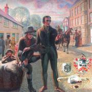 A fanciful drawing of George Stephenson and Nicholas Wood arriving at Bulmer's Stone in Northgate, Darlington on April 19, 1821