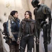 Undated Film Still Handout from Rogue One: A Star Wars Story. Pictured: Cassian Andor (Diego Luna), Jyn Erso (Felicity Jones) and K-2SO (Alan Tudyk). See PA Feature FILM Jones. Picture credit should read: PA Photo/Lucasfilm. WARNING: This picture must