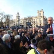 Jonathan Arkush, President, Board of Deputies of British Jews, speaks, during a protest against anti-Semitism in the Labour party in Parliament Square, London. Picture: Yui Mok / PA Wire