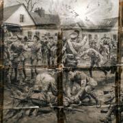 UNDER SHELLFIRE: Frank Dadd's picture of the action in which Pte Jackson was mentioned in despatches – he is said to be the figure giving a piggyback to an injured man at the back