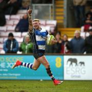 Callum Mackenzie celebrates before scoring a second half try during the National Division 1 match between Darlington Mowden Park and Hull Ionians at the Northern Echo Arena, Darlington. Picture Credit: Christopher Booth)