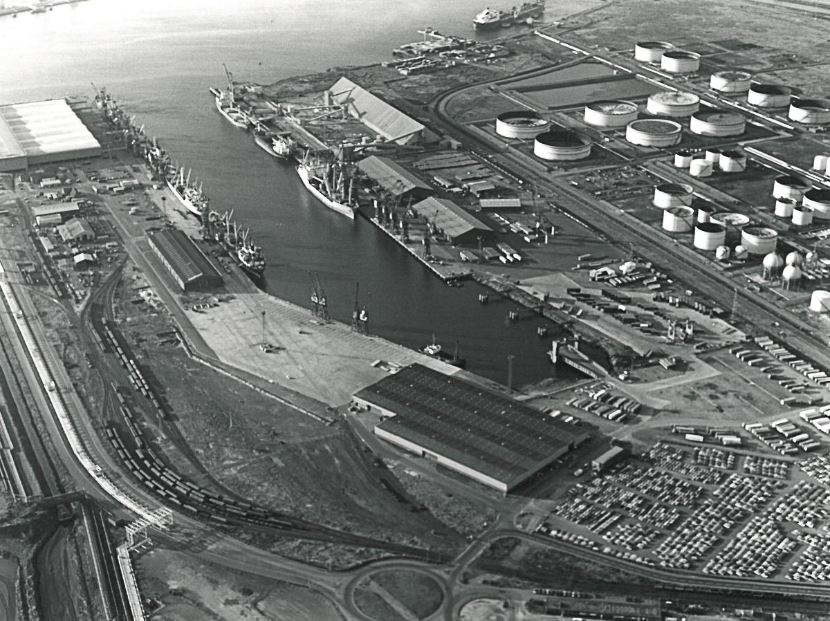 1980s: Aerial view of Tees Dock