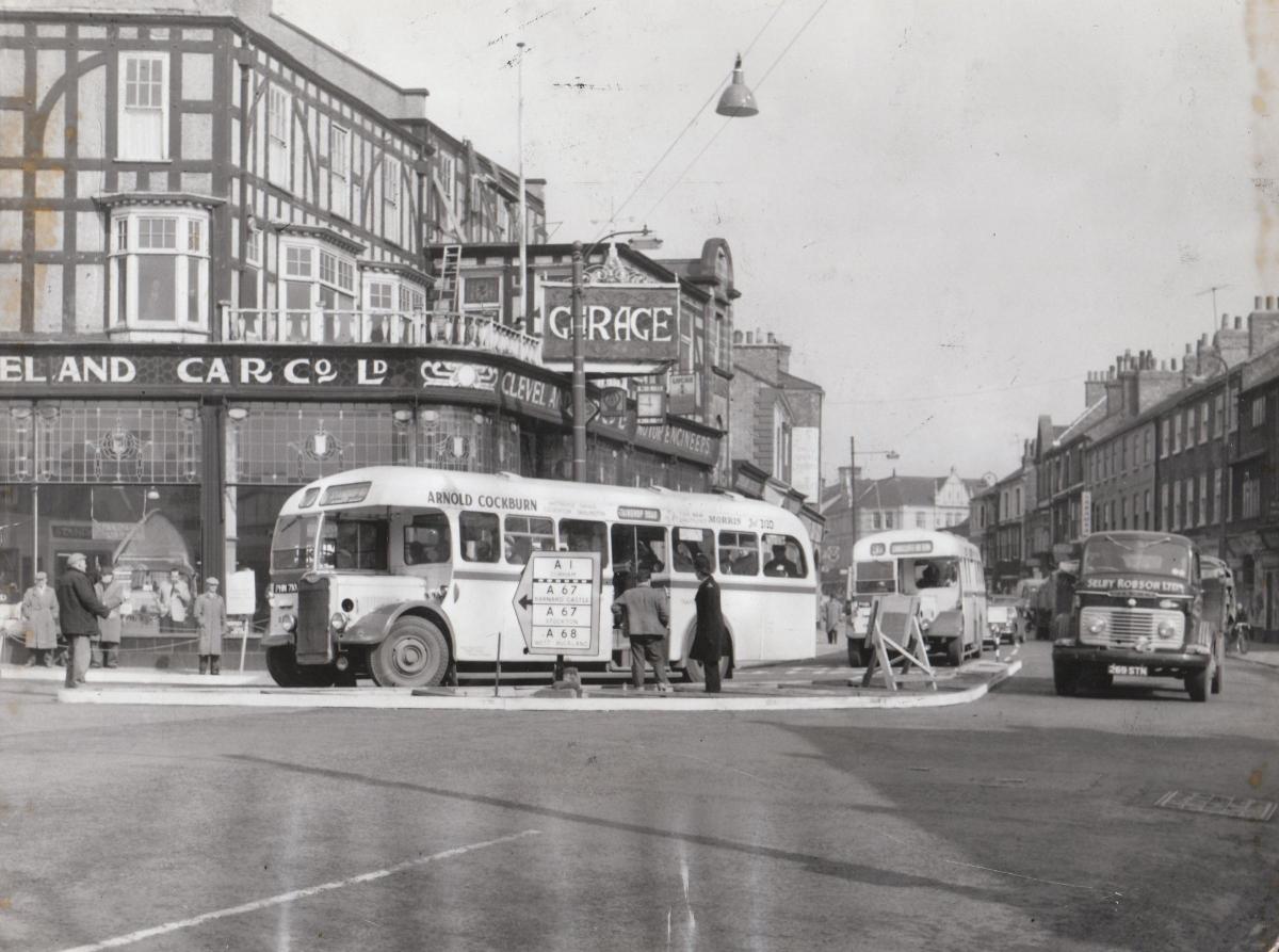 NEW LAYOUT: An experimental roundabout was installed in Darlington at the junction of Grange Road, West Street and Victoria Road in April 1964