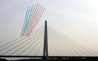 The red arrows fly over Sunderland's Northern Spire bridge for the first time at the 2018 airshow.