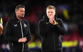 Eddie Howe applauds the travelling fans at the end of Newcastle United's defeat to Crystal Palace