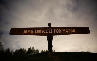 A Jamie Driscoll campaign message projected onto the Angel of the North by the Green New Deal Rising group