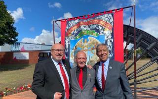 Grahame Morris MP for Easington, Stephen Maitland, former miner, and Alan Mardghum Secretary of Durham Miners Association with Shotton Colliery Miners Banner