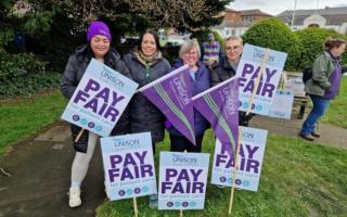 Healthcare assistants striking in Northallerton in April Credit: MICHAEL ROBINSON