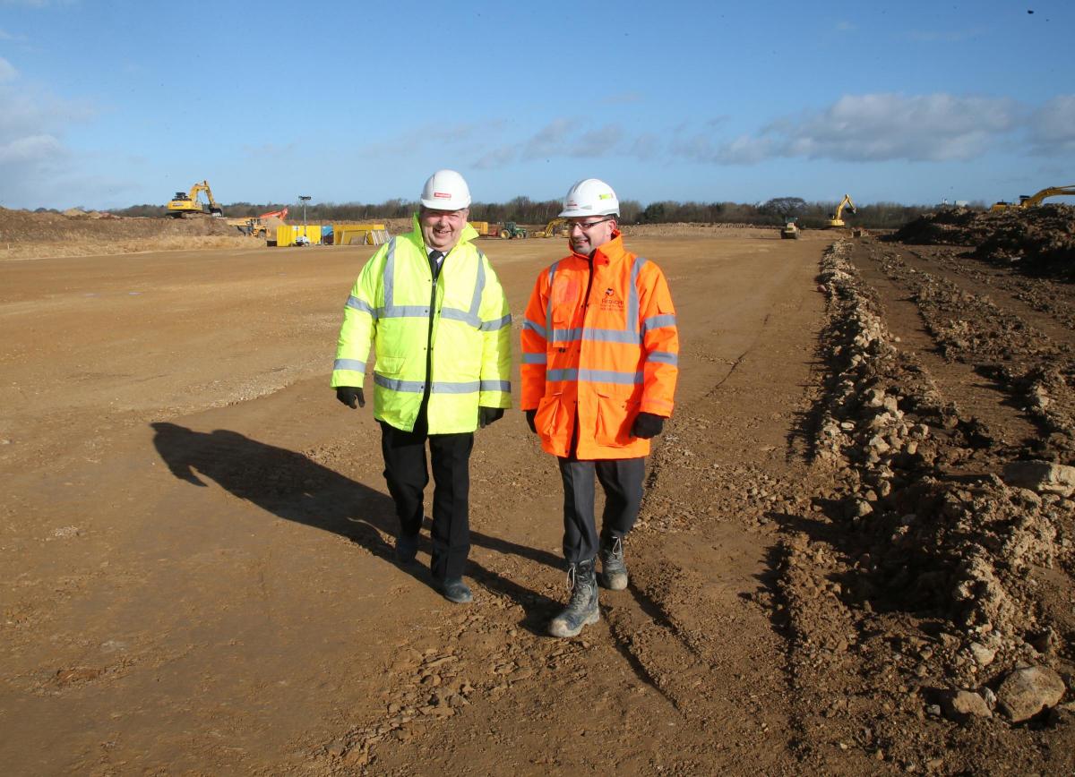 March 26, 2014: Site Manager Vince Elrington, left, and Benjamin Mawnby, Project Manager for Hitachi at the Newton Aycliffe site where reception will be built.