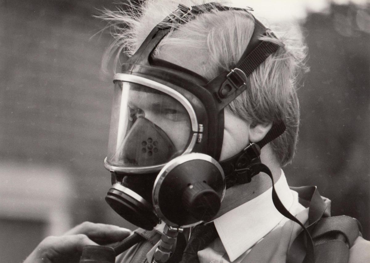 William Hague in a gas mask in 1989