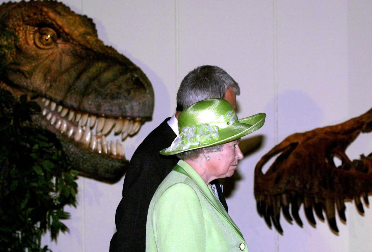 Queen Elizabeth II visits a Dinosaur Exhibition at the Yorkshire Museum in York Thursday 27 July 2000