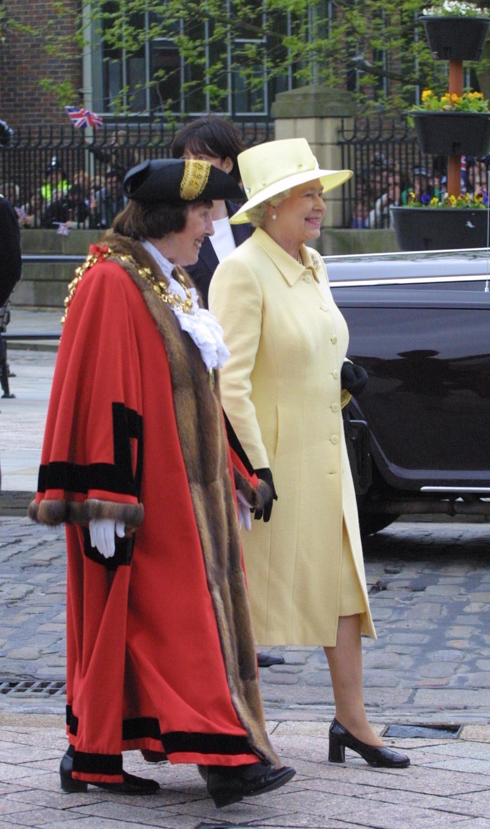 Darlington Mayor Isobel Hartley takes the Queen on a tour of the Town Centre during the Queen's Golden Jubilee tour of the region