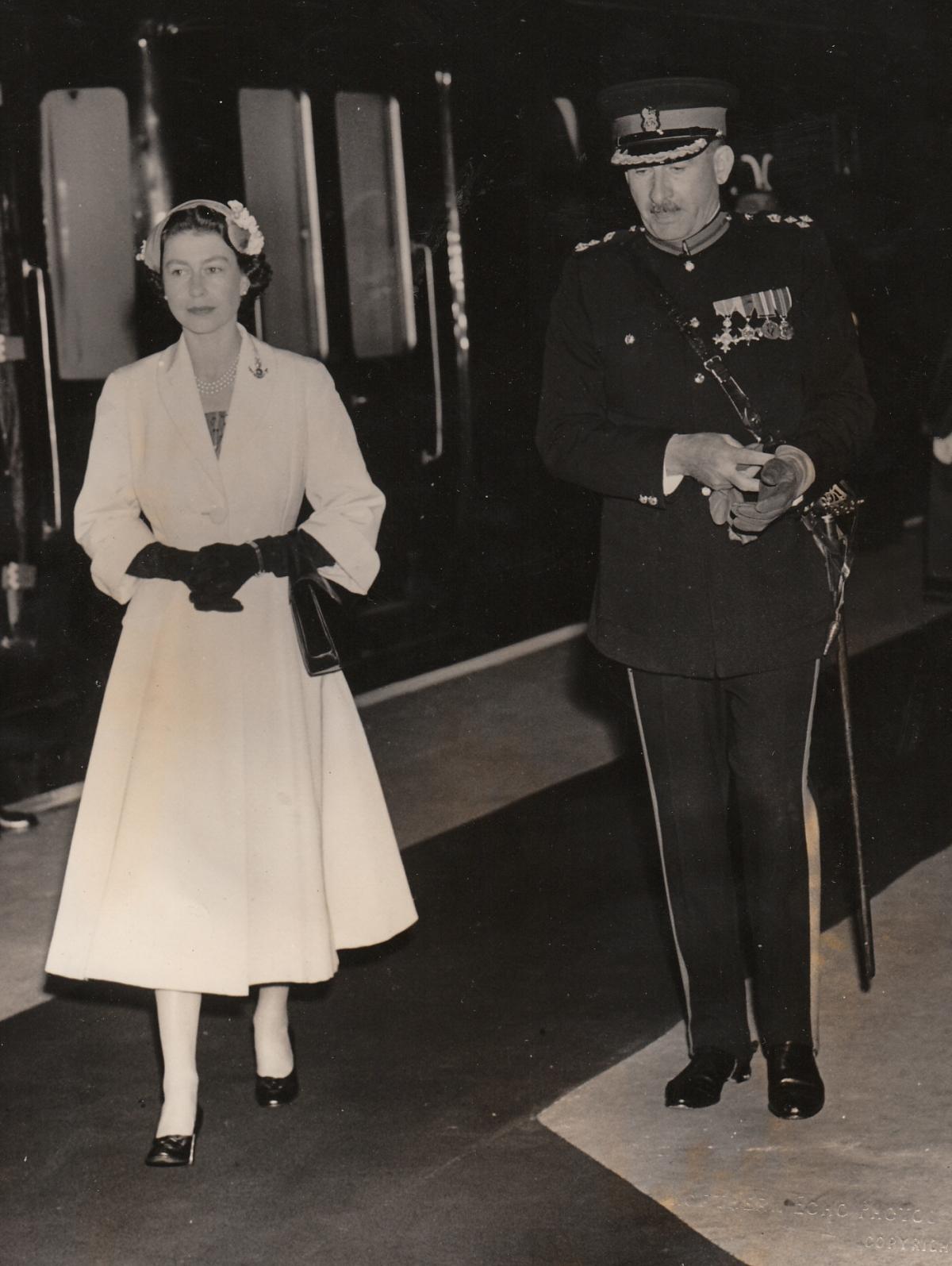 The Queen arrives at Stockton station on June 4, 1956, where she is met by Brig RGW Nelson