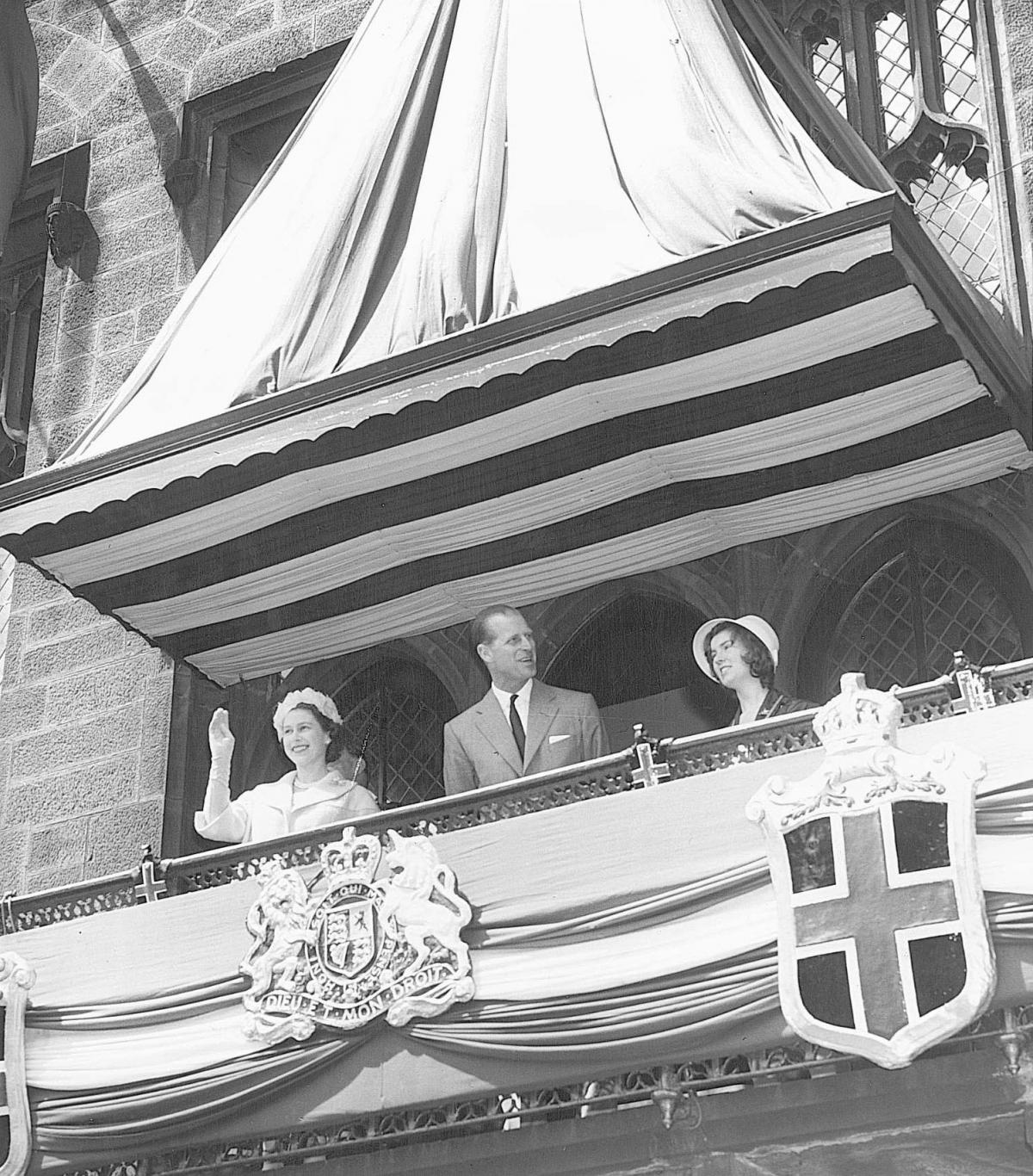 The Queen waves from the balcony of Durham Town Hall in May 1960
