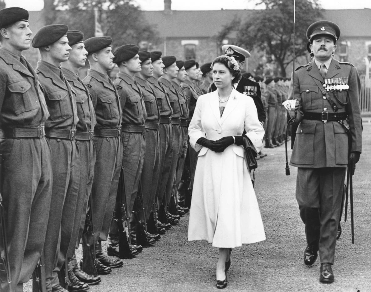 Queen Elizabeth inspects a guard of honour of the Durham Light Infantry at Stockton station in June 1956