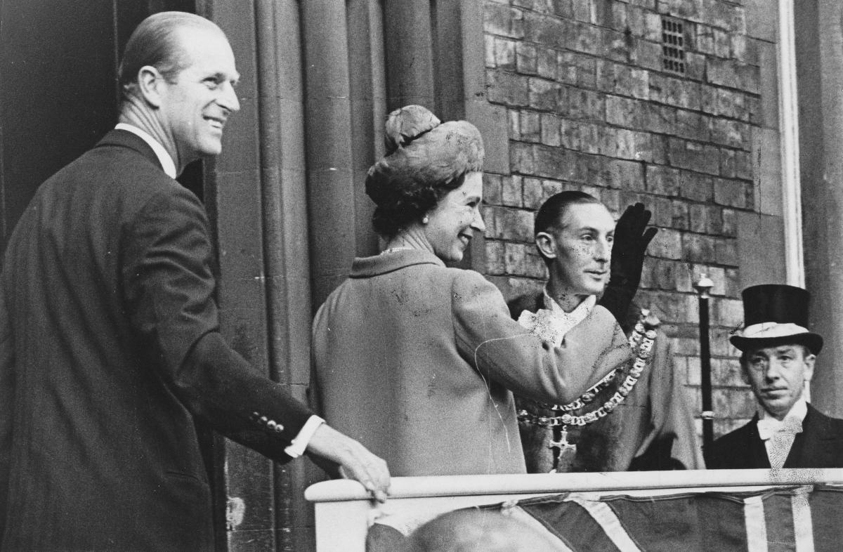 The Queen and Prince Phillip on the old town hall steps on a visit to Darlington in 1967