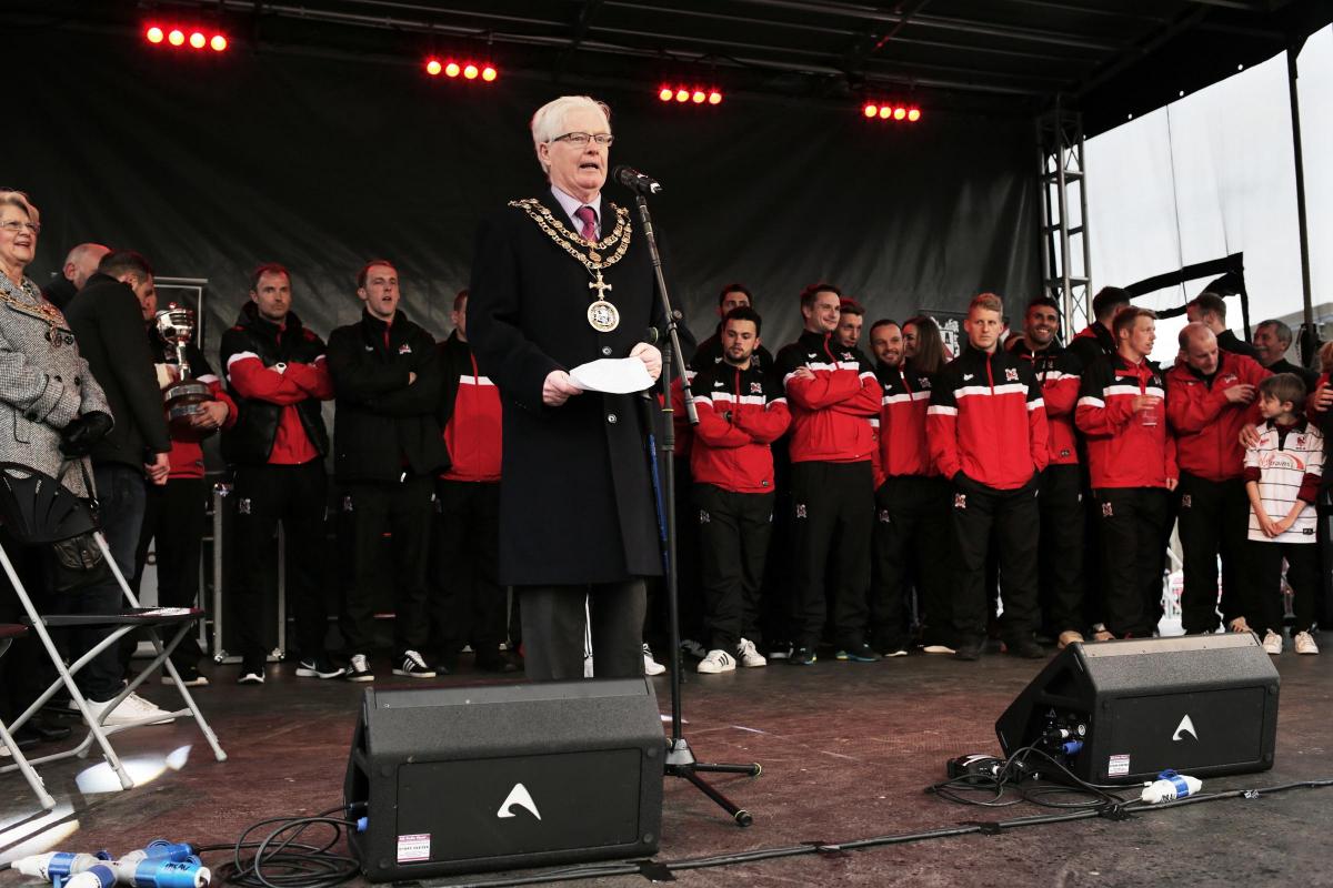 Darlington FC's open top bus victory home coming. The Mayor Tom Knutt .Picture by Stuart Boulton.