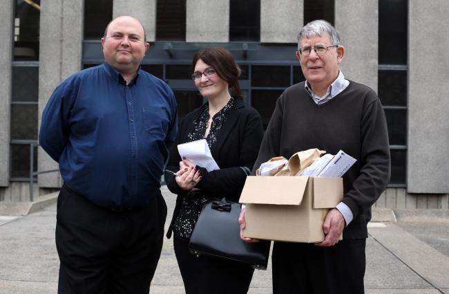 The handing over of a petition to Darlington Borough Council in relation to the proposed closure of Crown Street Library in the town. Outside the Town Hall are Cllr Nick Wallis, Northern Echo reporter Jo Morris and Alan Macnab, secretary for the Friends o