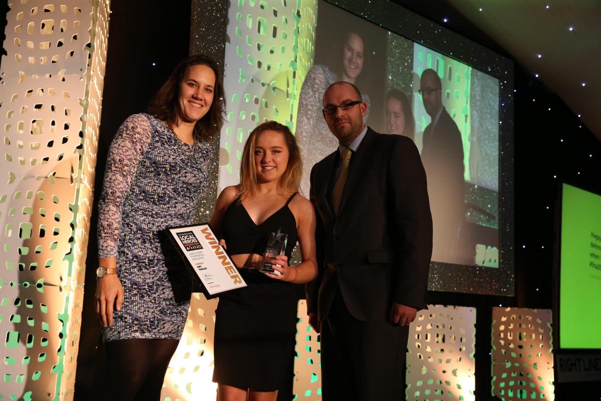 Rio bronze medallist Amy Tinkler collects her Junior Sporting Excellence Award from Darren Ditchburn, from Darlington Building Society, and another Olympic hero, Jess Eddie. Picture: CHRIS BOOTH