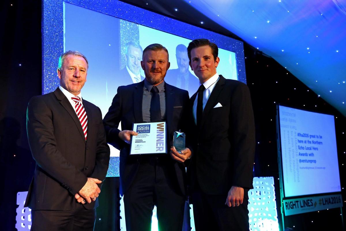 Winner of the Remarkable Achievement (Senior) Award Andrew Robertson with Todd Armstrong representing award sponsors Venture Properties and former Sunderland AFC player Kevin Ball. Picture: CHRIS BOOTH