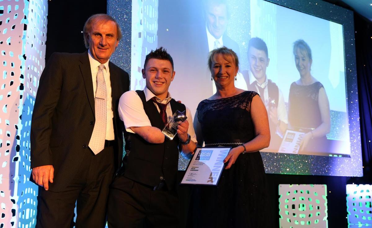 Winner of the Sporting Excellence (Senior) Award Jack Laugher (represented by Lyndon Longhorne as he was unable to  attend) with Maureen Berne representing award sponsors Northumbrian Water and former Sunderland AFC footballer Dick Malone. Picture: CHRIS 