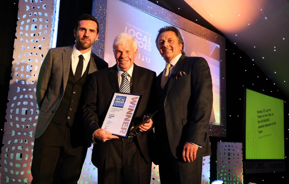 Winner of the Sir Bobby Robson Leading Light Award, Gordon Lake with Brian Gilies representing award sponsors Virgin Money and former footballer Tommy Miller. Picture: CHRIS BOOTH