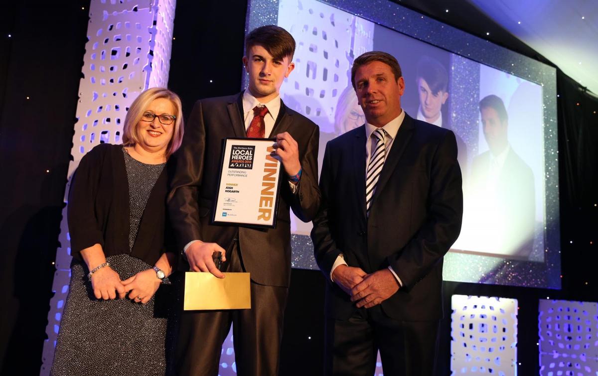 Winner of the Outstanding Performance Award, Josh Hogarth with Debbie Dobbs representing award sponsors BMI Woodlands Hospital and Darlington 1883 manager Martin Gray. Picture: CHRIS BOOTH