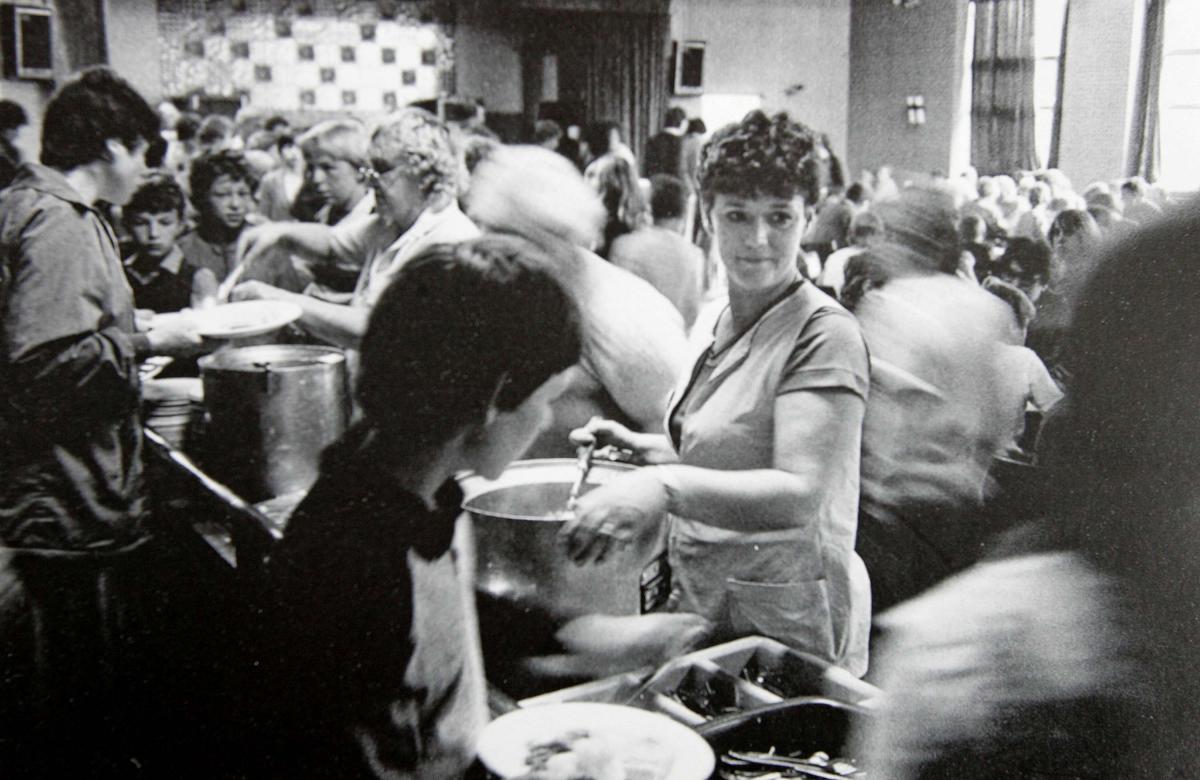 A cafe in Easington during the miners strike in August 1984. It shows Marilyn Johnson (center) feeding some of the miners who were on strike.