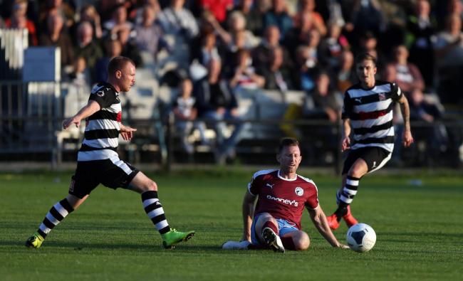 Darlington v Gateshead in a National League North match at Blackwell Meadows, Darlington. Mike Williamson of Gateshead prevents Adam Campbell of Darlington getting a run in on goal. Picture: CHRIS BOOTH.