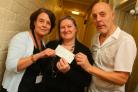 THANKS TO HOSPICE: Arlene Johnson, left, and Peter Brent present a cheque to Steph Wood, from Butterwick Children’s Hospice, in memory of Samantha Tingle