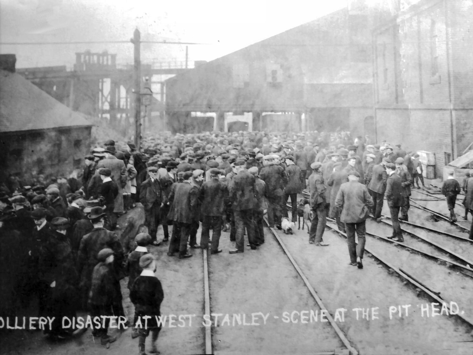 Left, the crowd at pithead after the Burn Pit disaster of February 16, 1909, and, right, the mass funeral procession through the town’s streets 