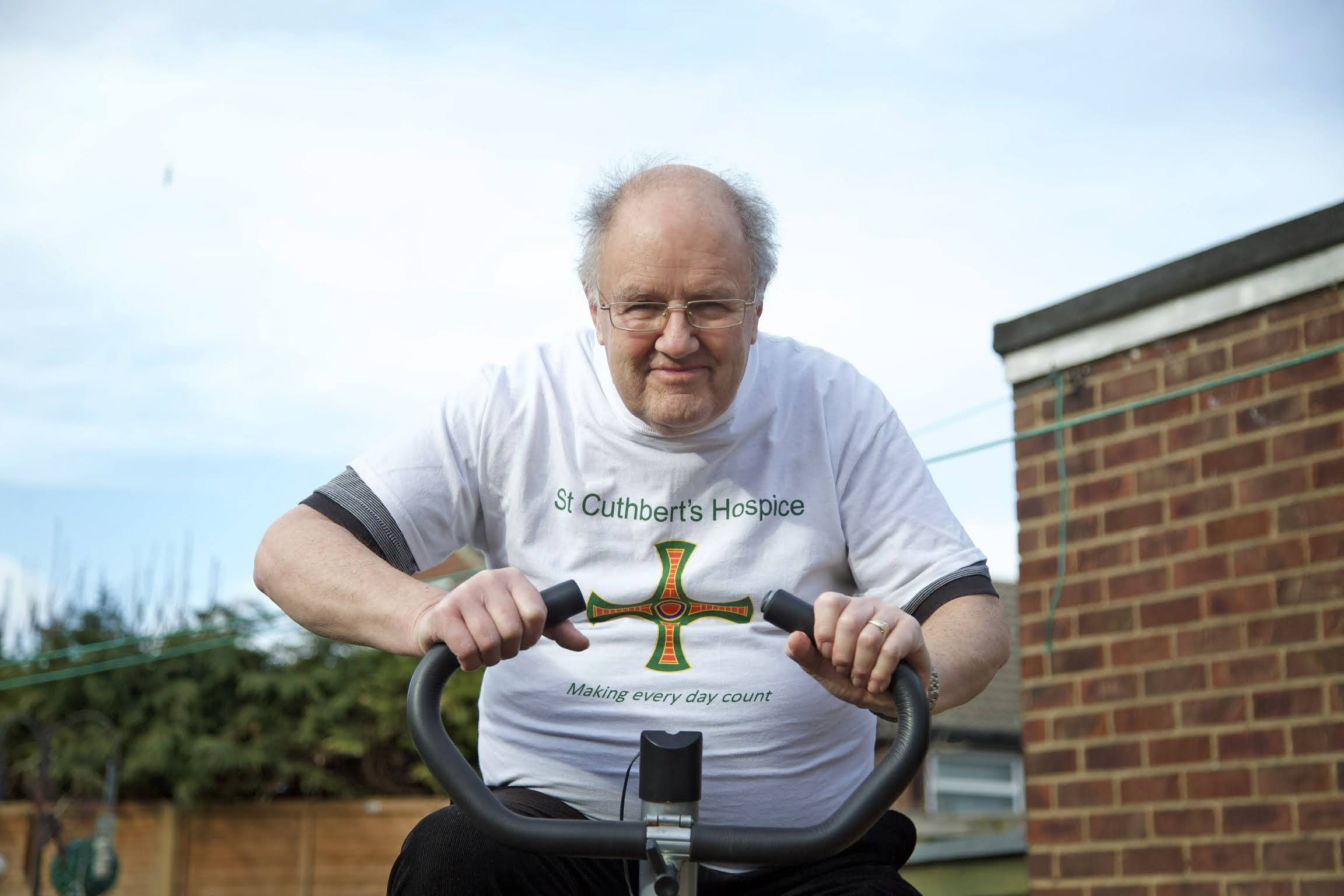 5p man Ian Watt is raising money for St Cuthberts Hospice by riding a gym bike Picture: SARAH CALDECOTT