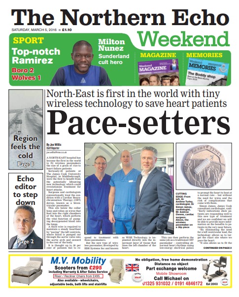 The Northern Echo’s front page on the pacemaker