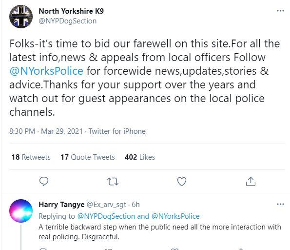 Tweet explaining the closure of the K9 account