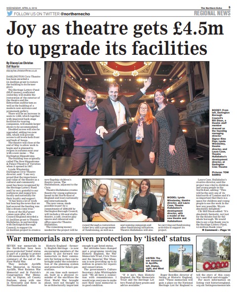 The Northern Echo’s report on the funding to then Darlington Civic Theatre