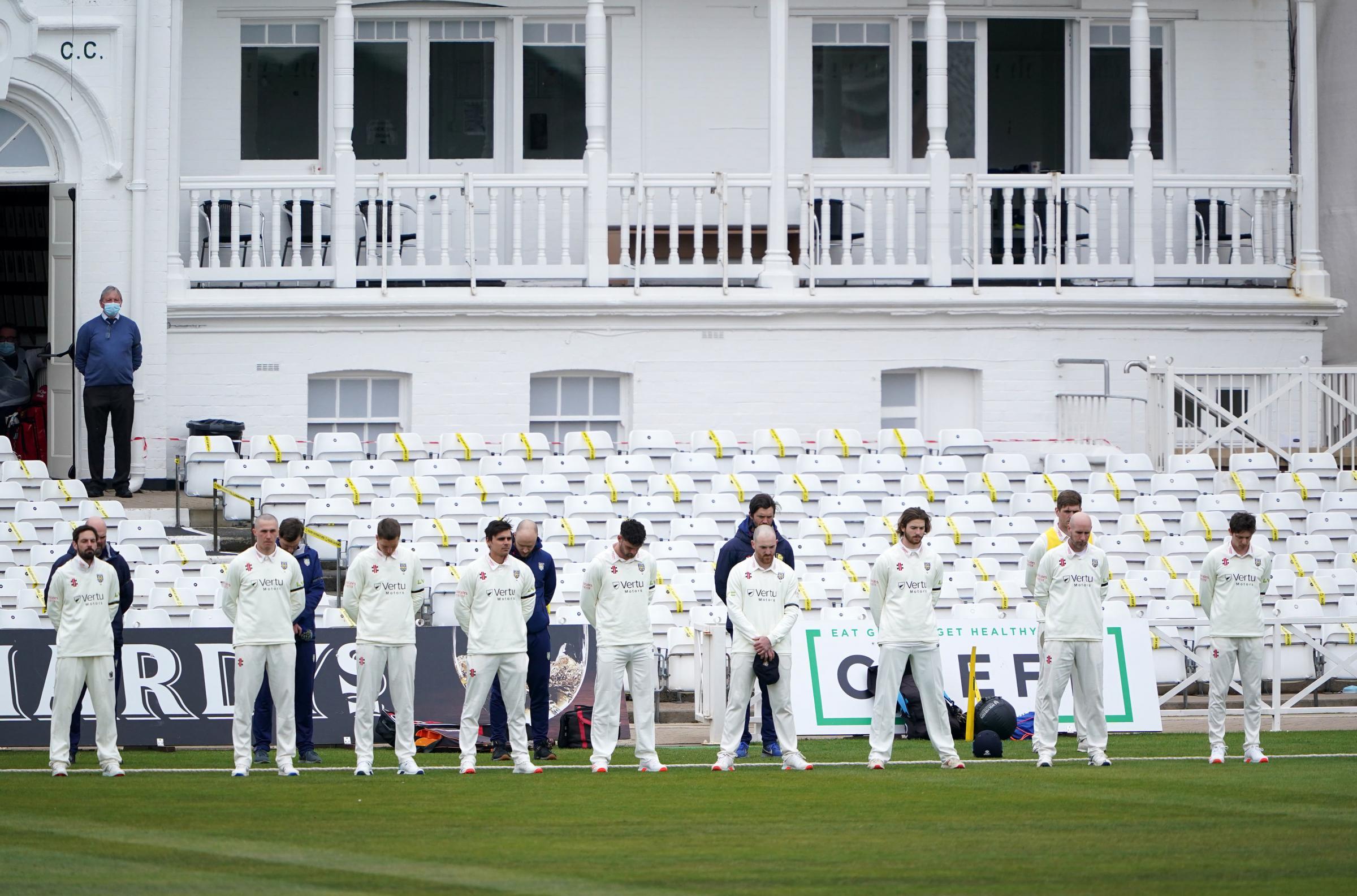 Durham CCC players stand for a minutes silence at Trent Bridge in Nottingham, after the announcement of the death of the Duke of Edinburgh. Picture date: Friday April 9, 2021. PA Photo. See PA story CRICKET Nottinghamshire. Photo credit should read Zac