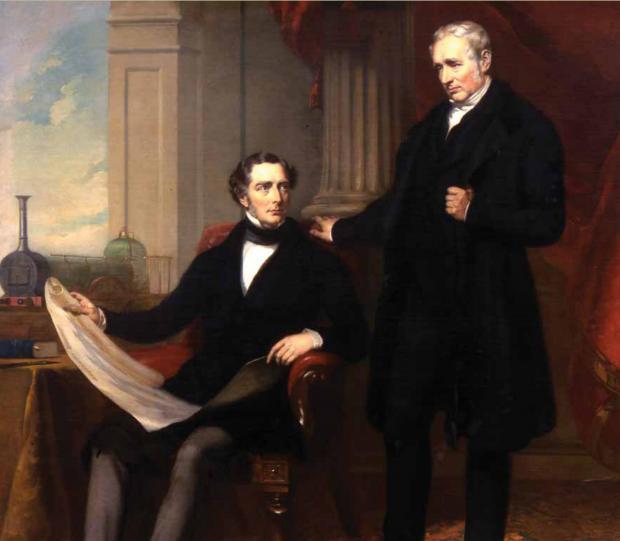 The Northern Echo: Robert Stephenson, seated, with his father, George - both men used the same method to take their railway lines over notorious bogs