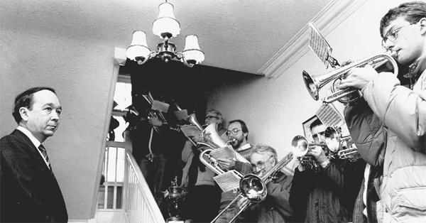 INAUGURAL CONTEST: Cockerton Prize Silver Band peform for Dr Ian Martin at his home on Christmas Day 1996