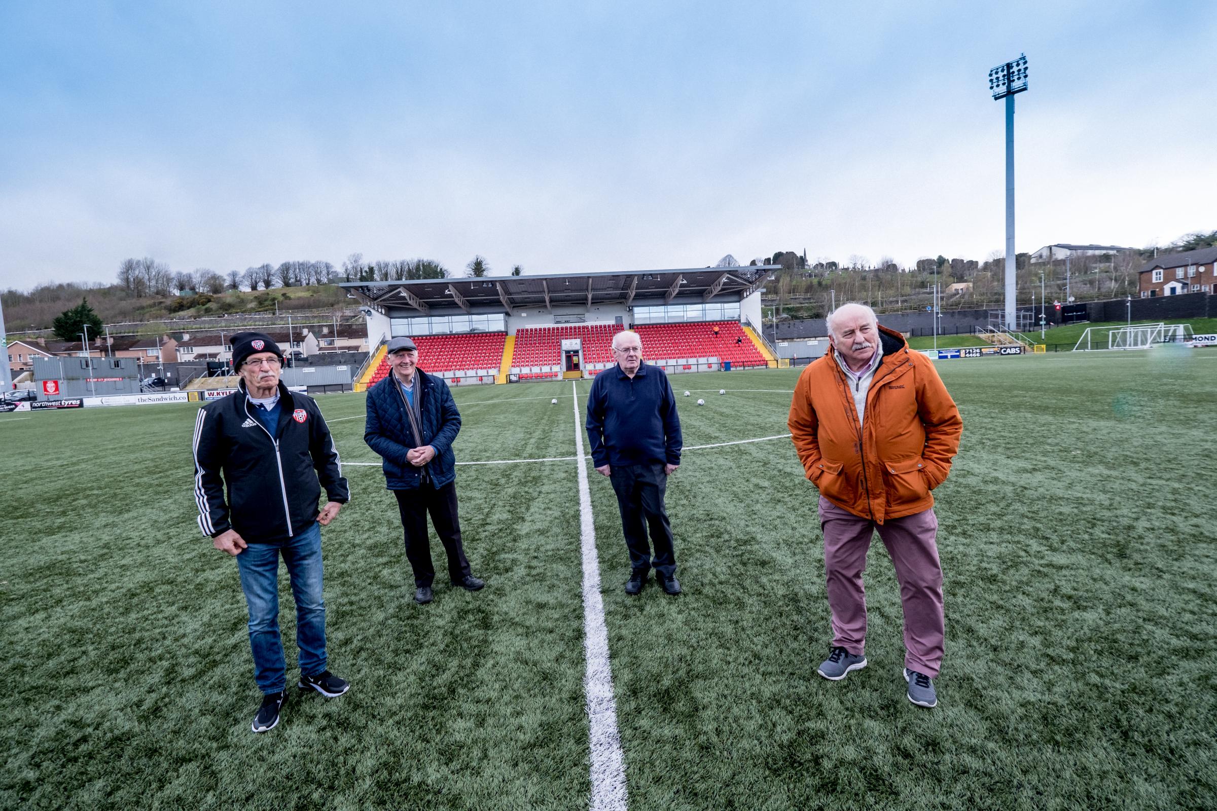 The Derry City Story: The Gang of Four at the Brandywell, from left, Tony O’Doherty, Terry Harkin, Eamonn McLaughlin and Eddie Mahon