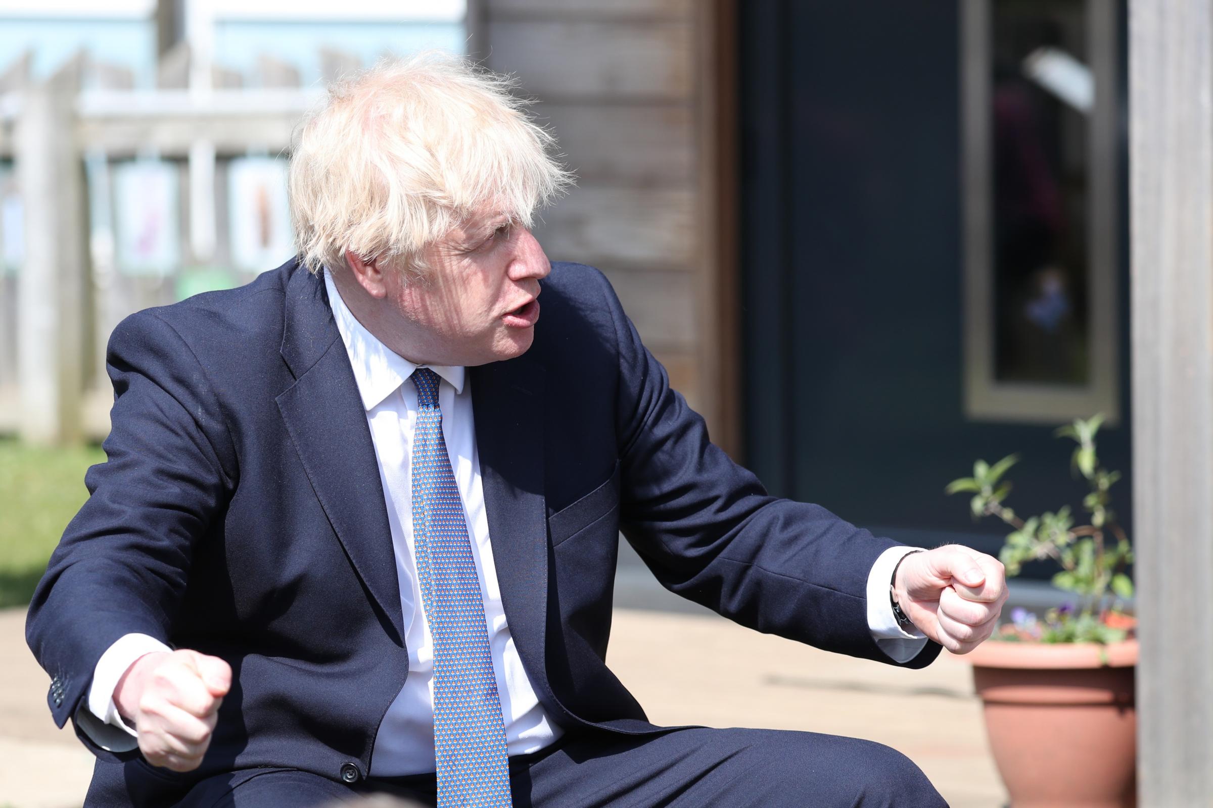 Prime Minister Boris Johnson during a visit to Cleves Cross Primary school in Ferryhill, County Durham. Picture date: Thursday May 13, 2021.
