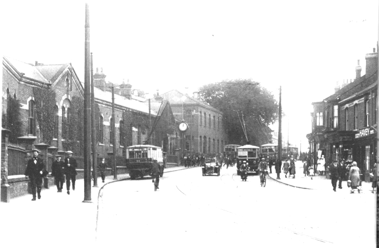 Five trolleybuses make their way down North Road, Darlington, near where Morrisons is today