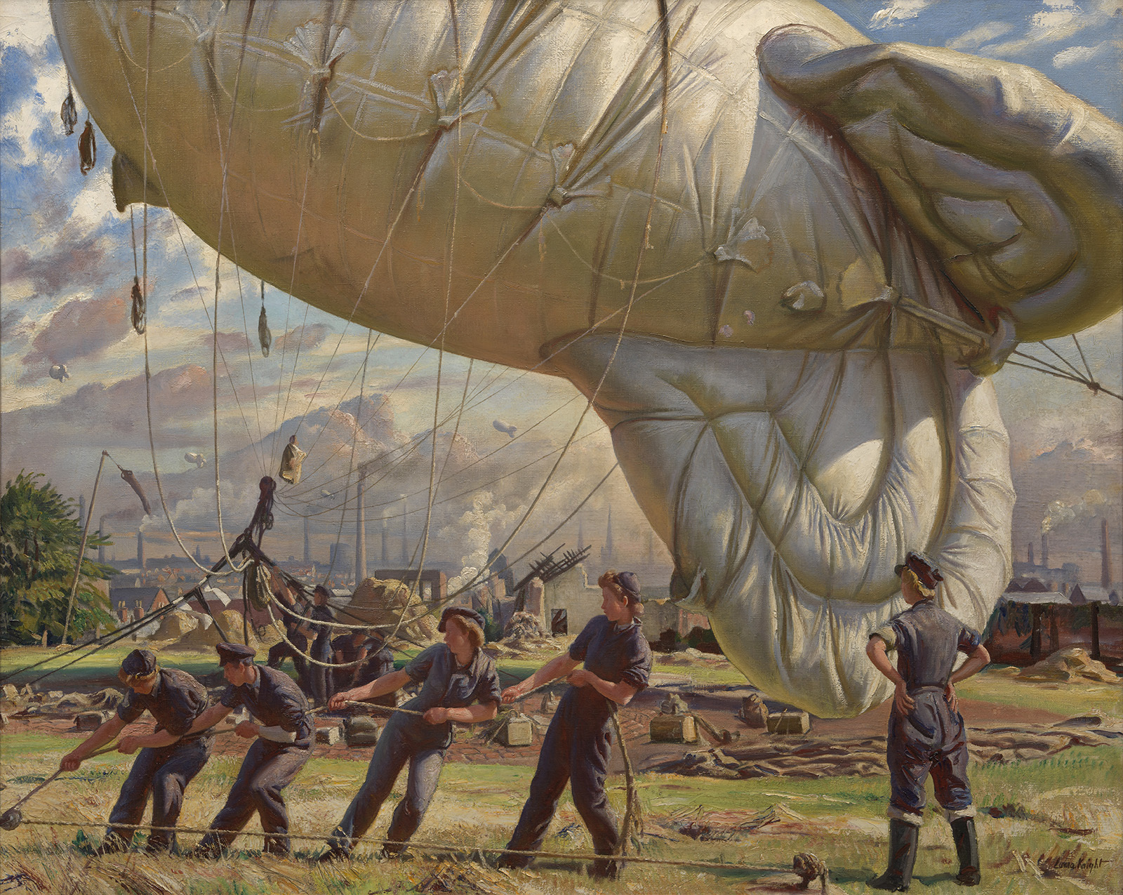 3727451 A Balloon Site, Coventry, 1943 (oil on canvas) by Knight, Laura (1877-1970); 102.5x127 cm; Imperial War Museum, London, UK; (add.info.: A barrage balloon being hoisted into position by WAAF women in blue overalls. Coventry is visible in the