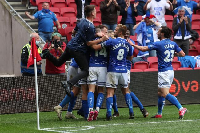 Hartlepool United players celebrate the first goal of the afternoon in a pulsating game at Ashton Gate. Pools won on penalties after a 1-1 draw after extra time. PICTURE: MARK FLETCHER.