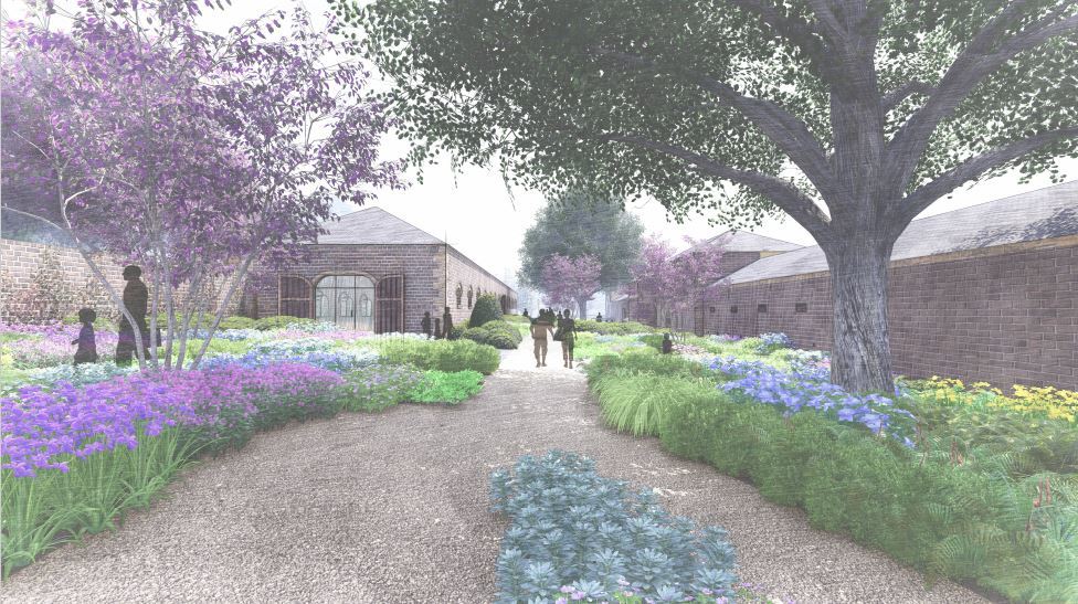 CGI of the Duchess’ Walk within The Rising development, left, and Lord and Lady Barnard in the grounds before work starts