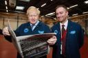 Boris Johnson visits Tetley in Eaglescliffe, he is pictured with Thursday's Northern Echo with Matthew Vickers of Stockton South Picture: SARAH CALDECOTT